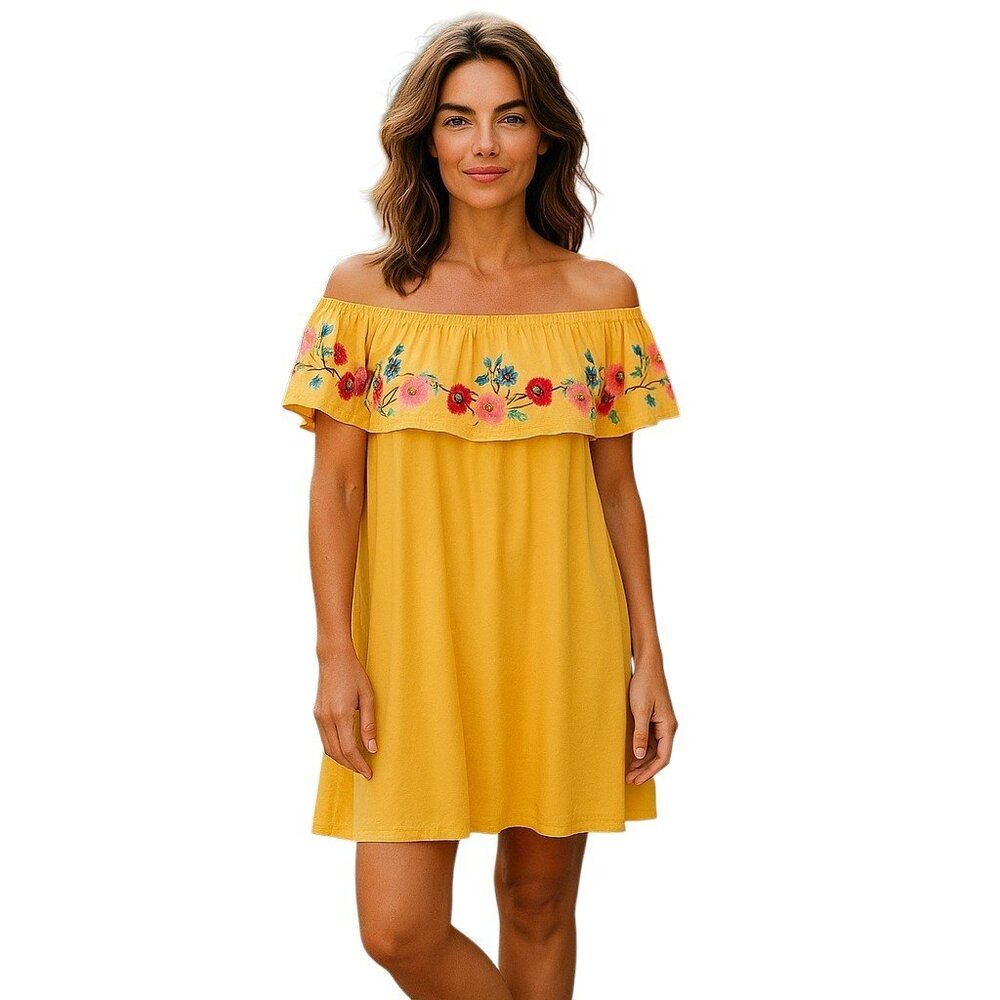 Umgee Women’s Size L Yellow Embroidered Floral Lined Mini Dress w Pockets # 87